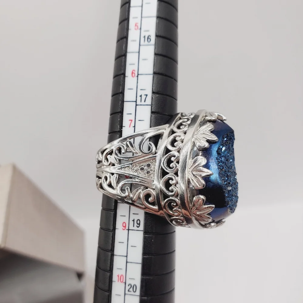 Pear Shaped Blue Druzy Scroll Design Statement Ring